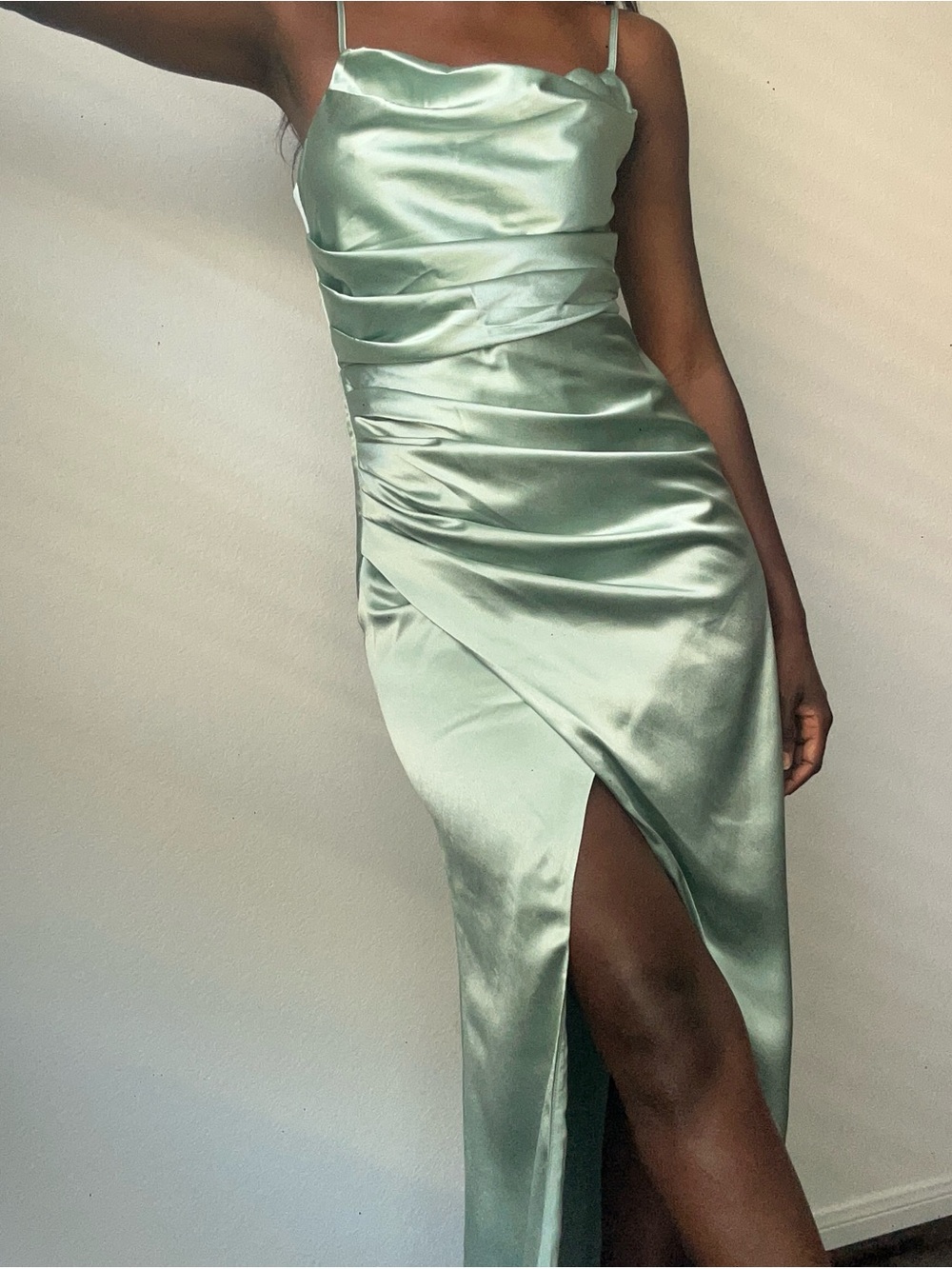 Satin Cowl Neck Slip Dress in Sage Green